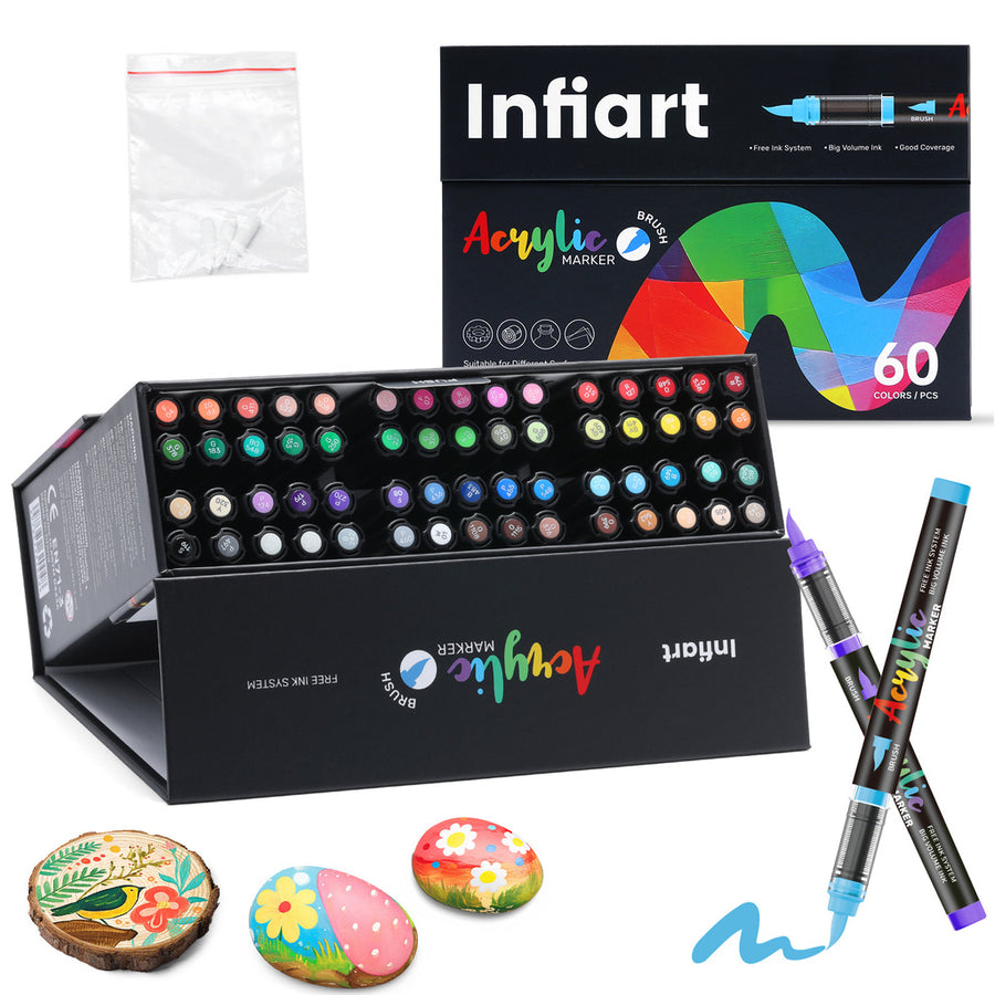 INFIART Acrylic Paint Markers 60 Colors 3X Large Capacity Brush Paint Pens
