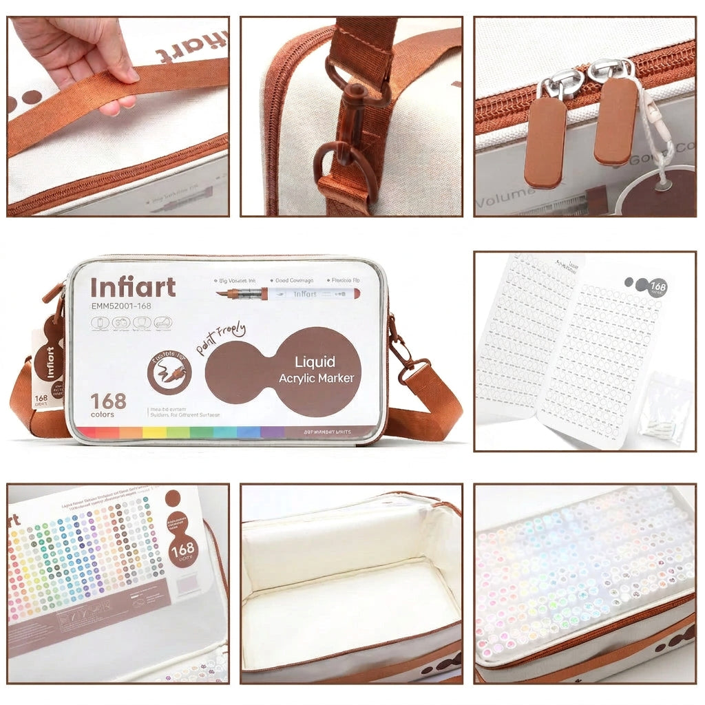 Art supply bag with various features and an Infart liquid acrylic marker set